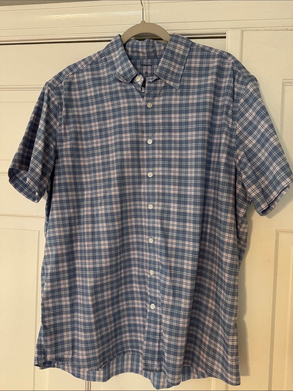 Sonoma Blue and White Plaid Short-Sleeve Button-Down Shirt